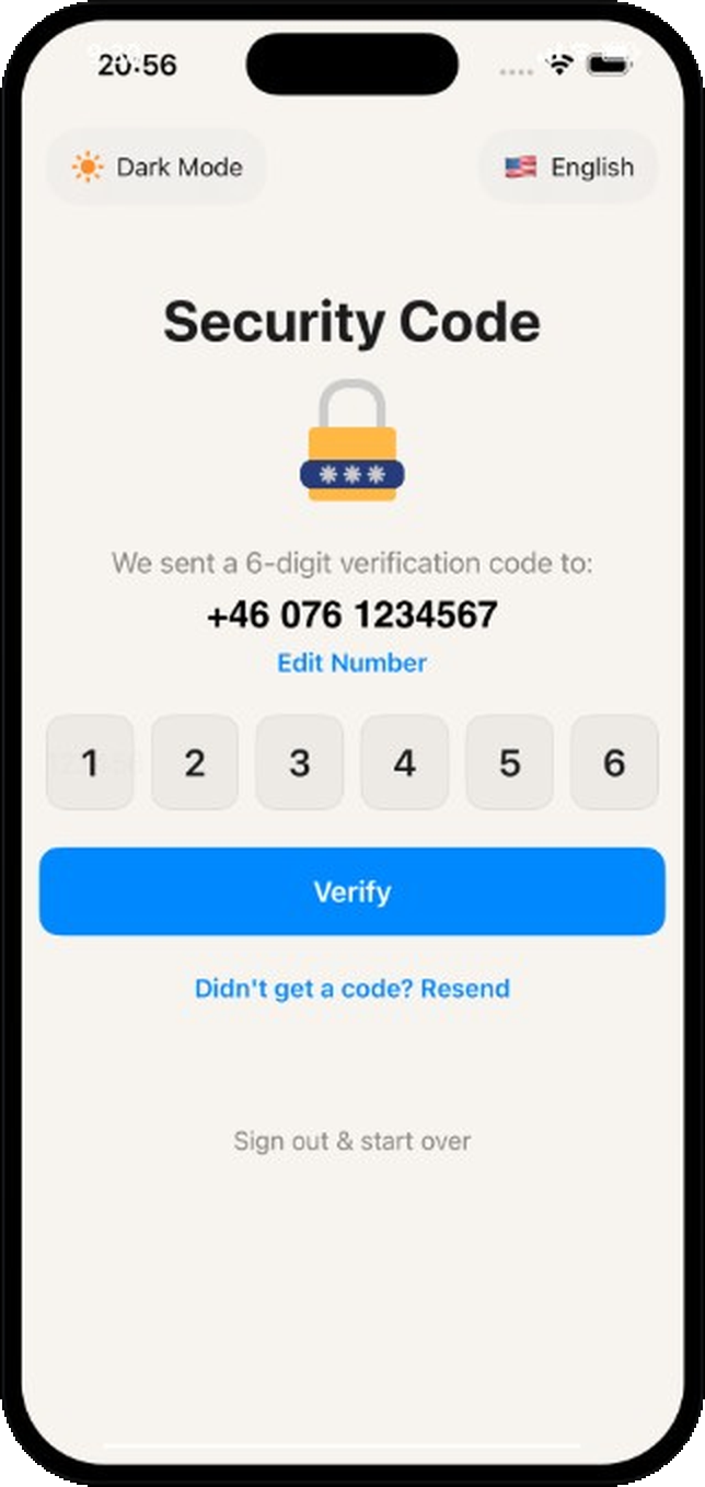 SpectRoom SMS security code screen