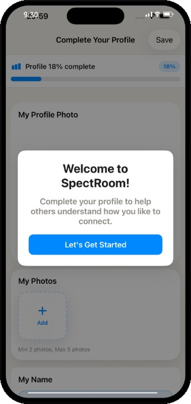 SpectRoom welcome and complete profile screen
